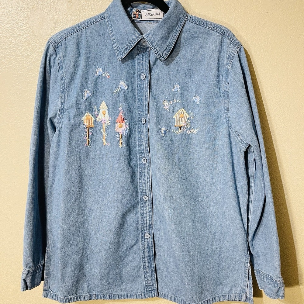 Passion Embroidered Denim Shirt‎ Long Sleeve Cottagecore Country Women's Sz M/L